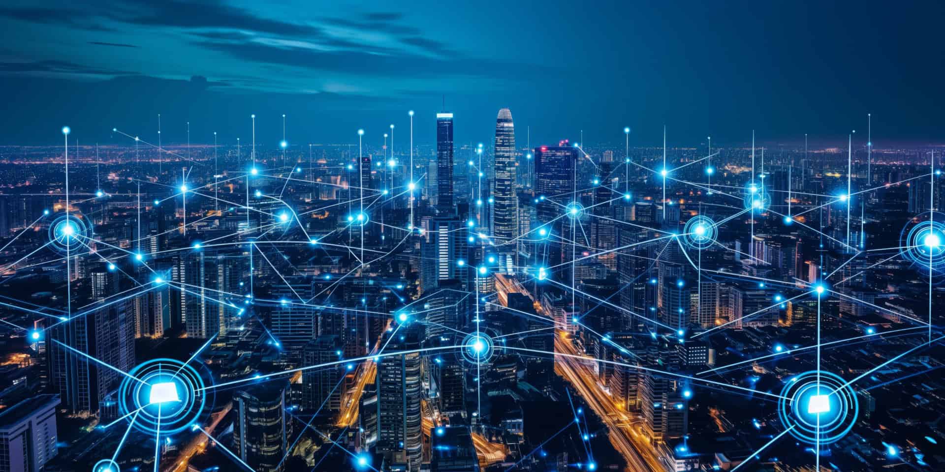 Advanced digital network infrastructure with interconnected data points over a city skyline.