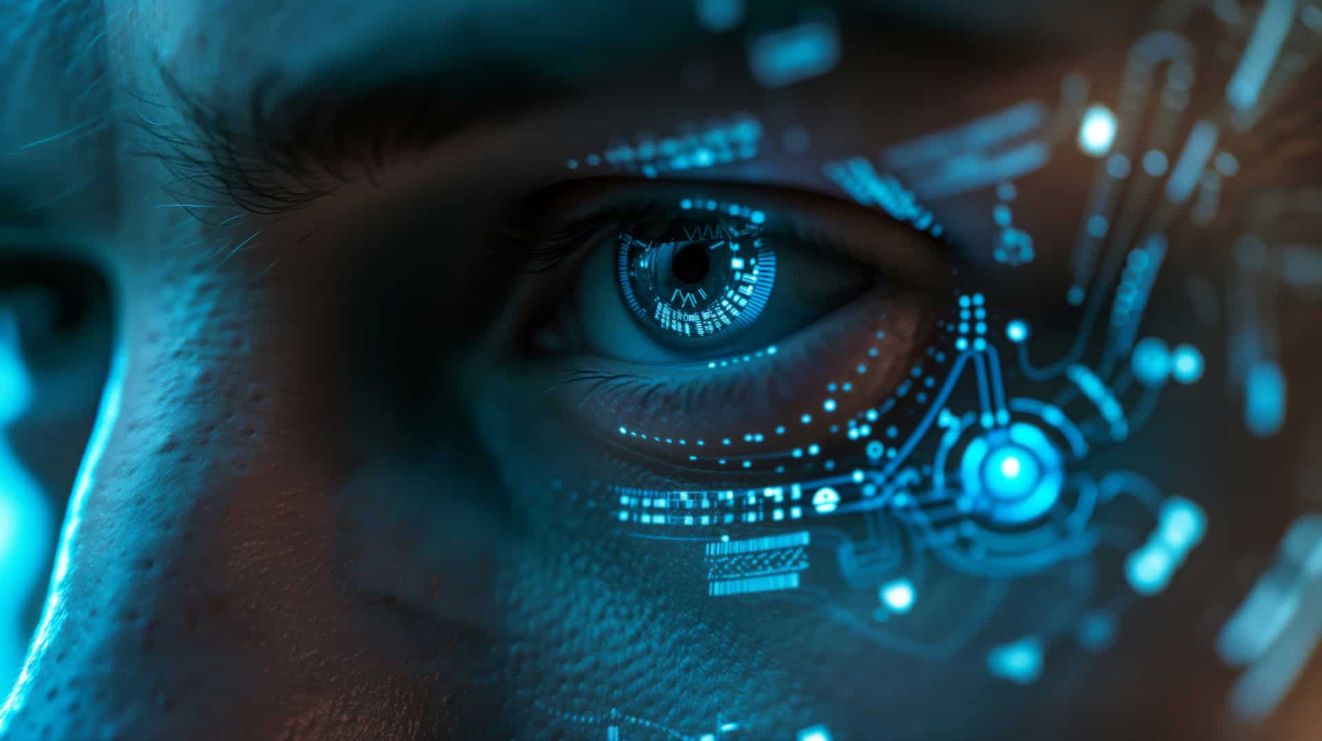 AI-enhanced eye with digital interface, representing technology and innovation in branding.