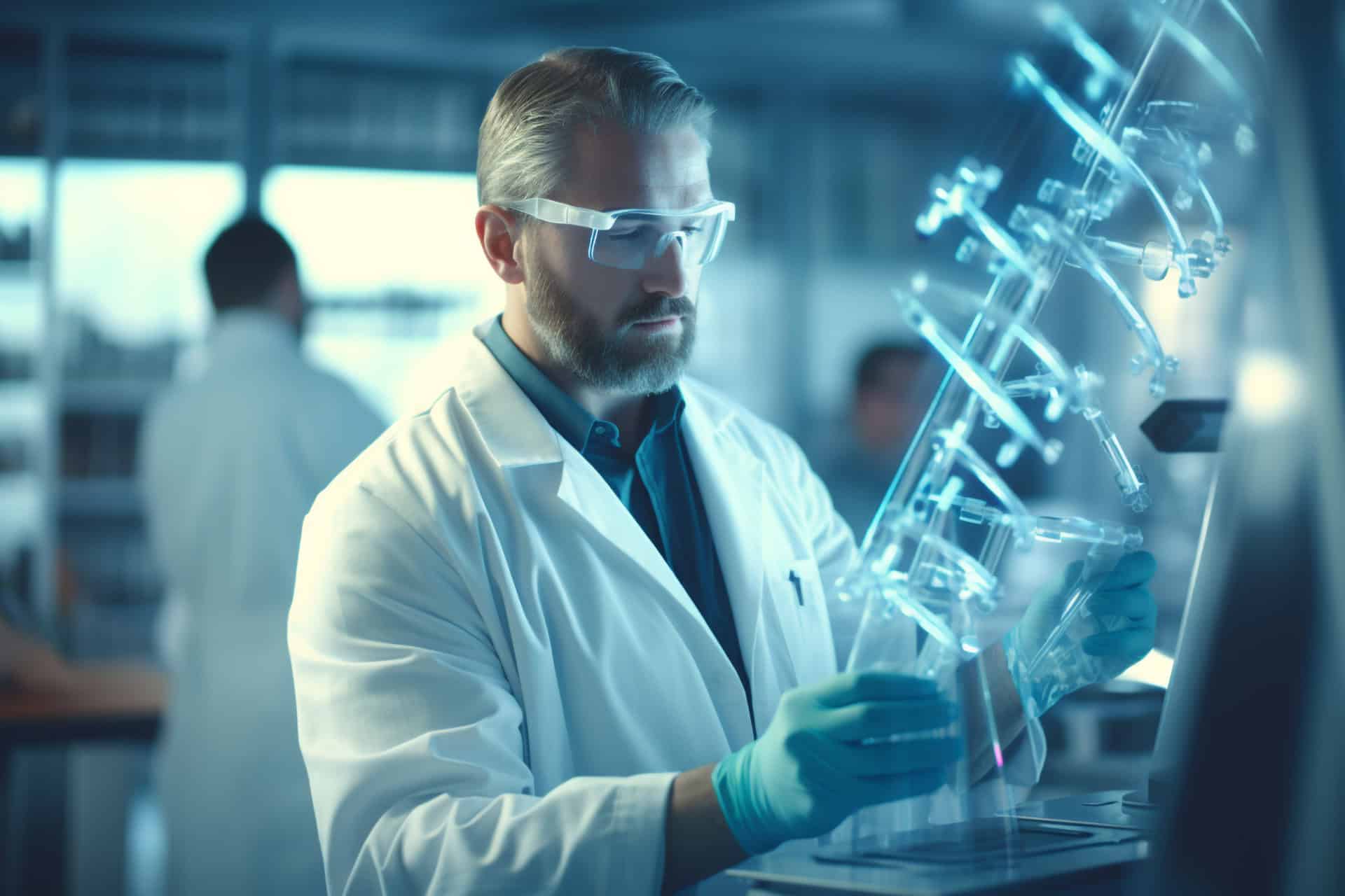 AI-powered laboratory scientist working with advanced biotech equipment in a modern Medtech facility.