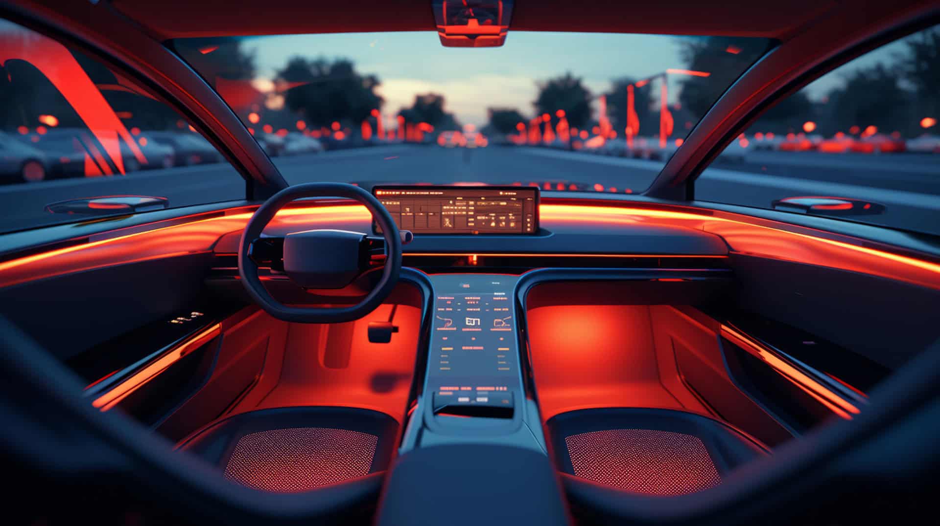 Autonomous vehicle interior with advanced dashboard and digital controls for Medtech innovation.