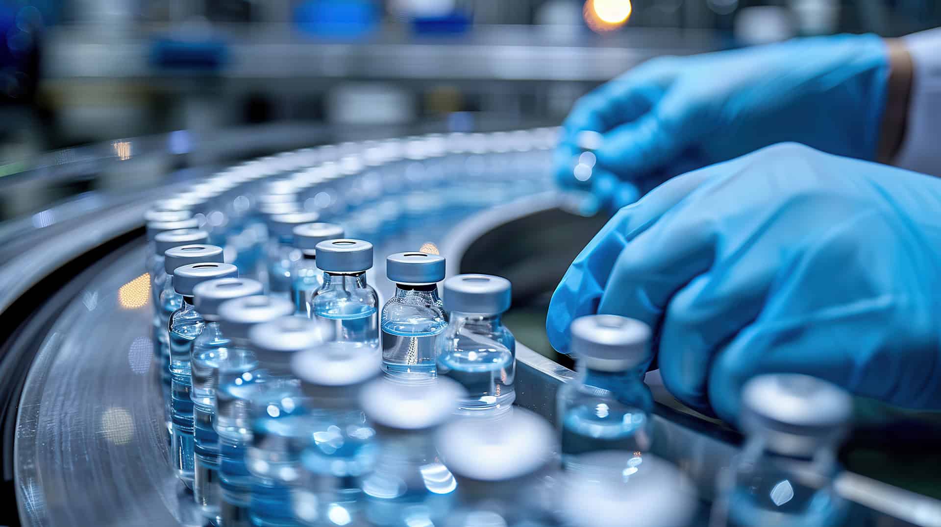 Vaccine vials on a production line in a pharmaceutical manufacturing facility.