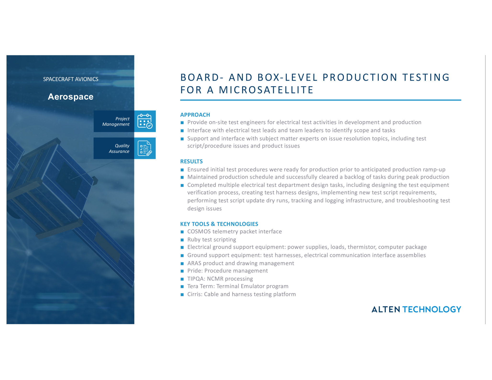 High-precision board and box-level testing for microsatellites in aerospace applications.