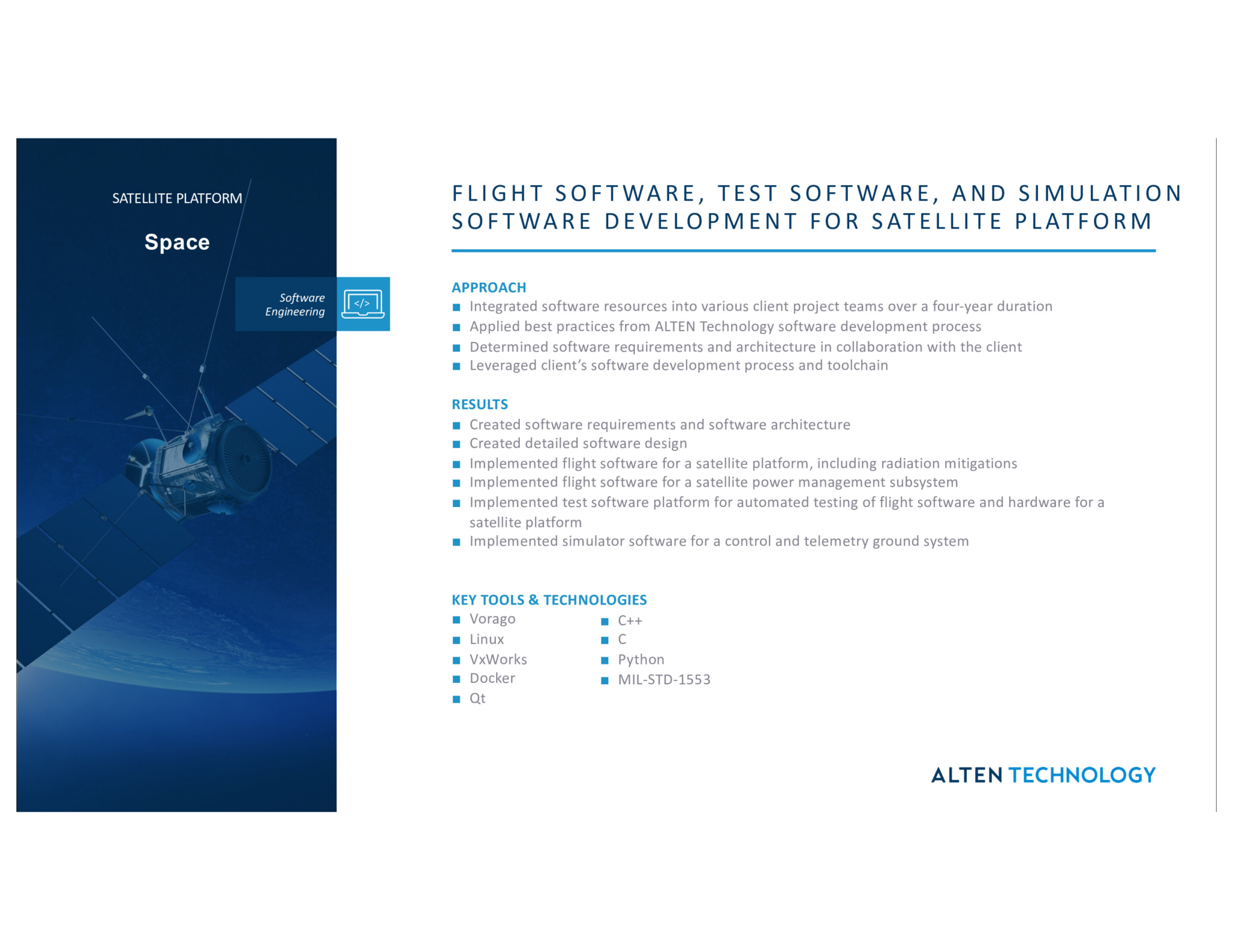 Flight software development for satellite platforms with testing and simulation tools.
