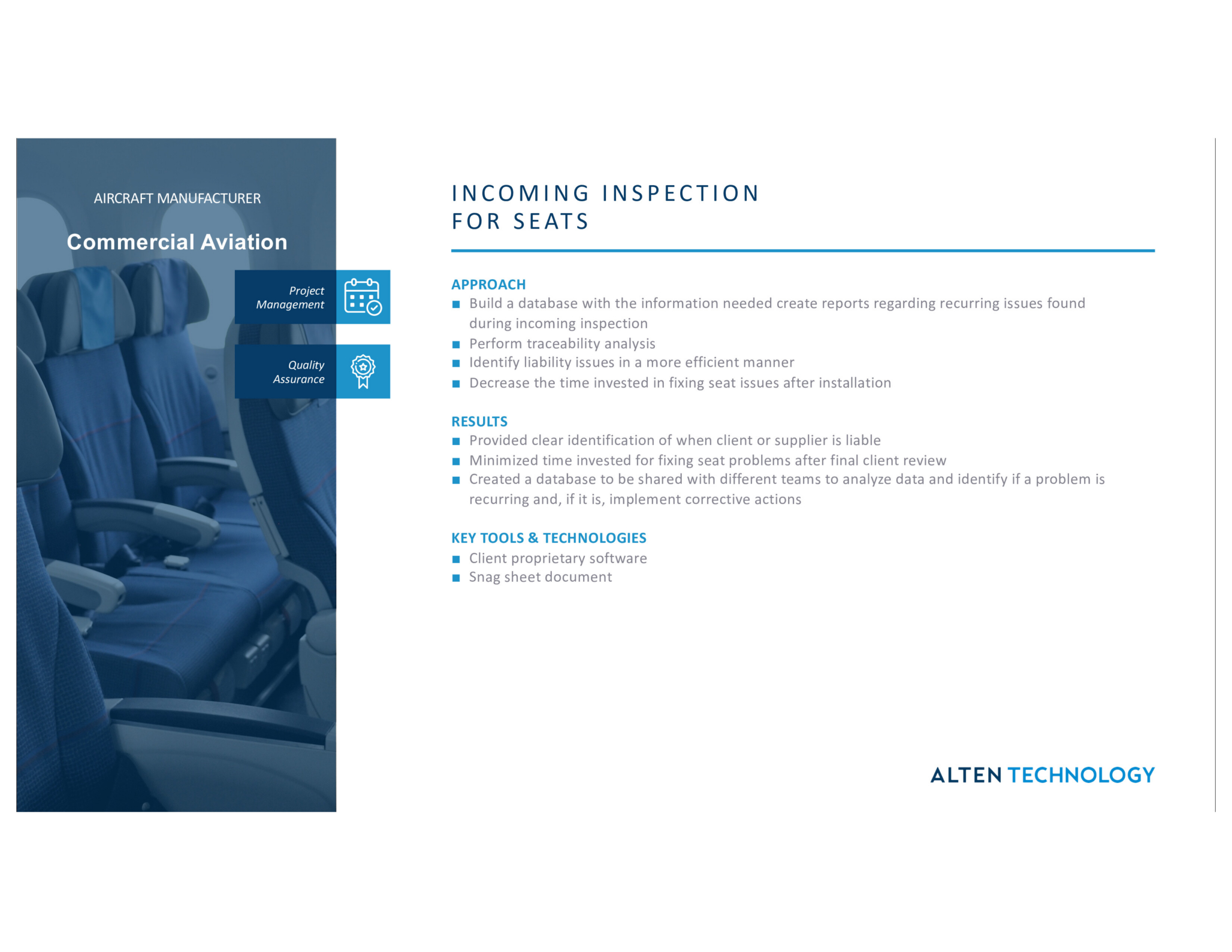 Incoming inspection for aircraft seats to ensure quality and safety standards are met.