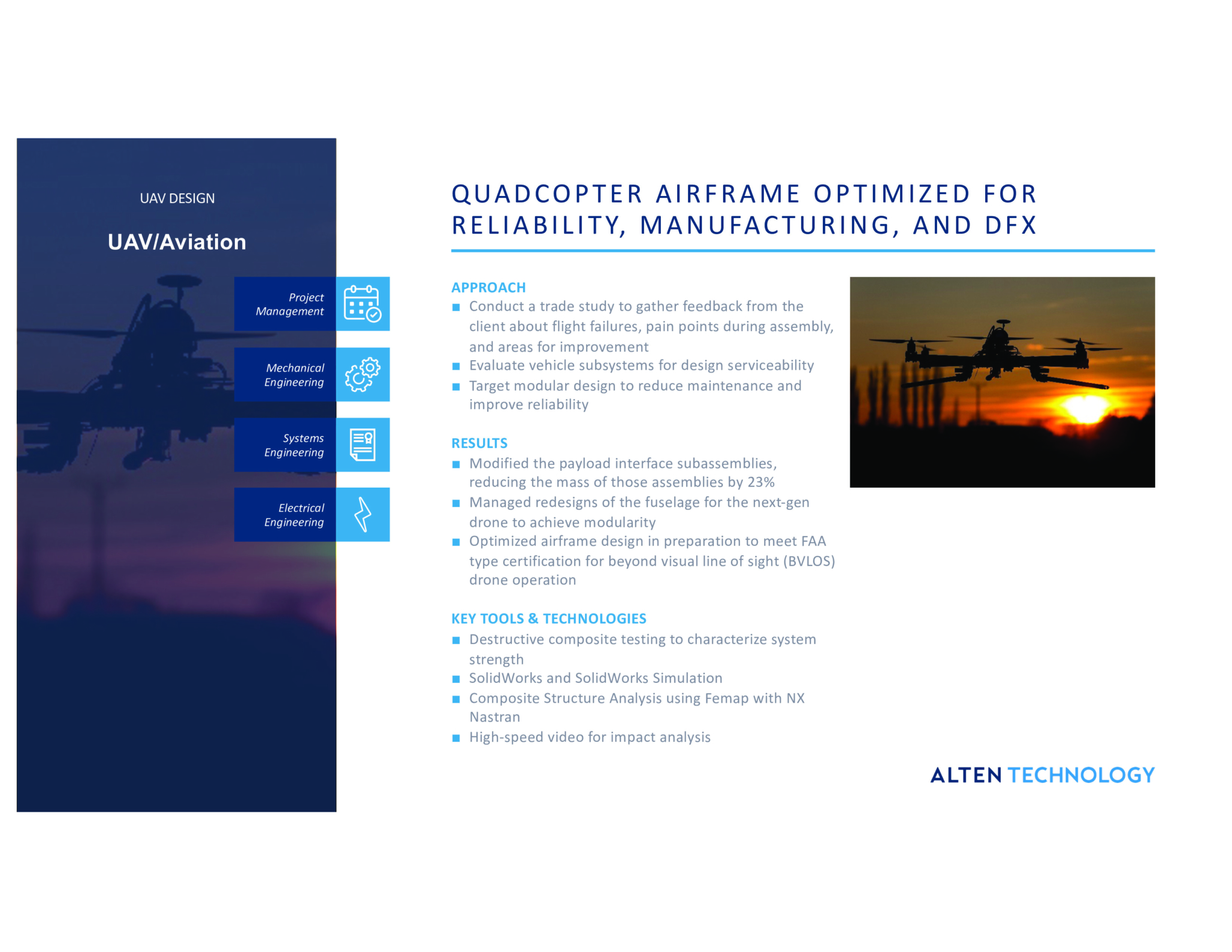 Quadcopter airframe designed for reliability, manufacturing, and DFX optimization.